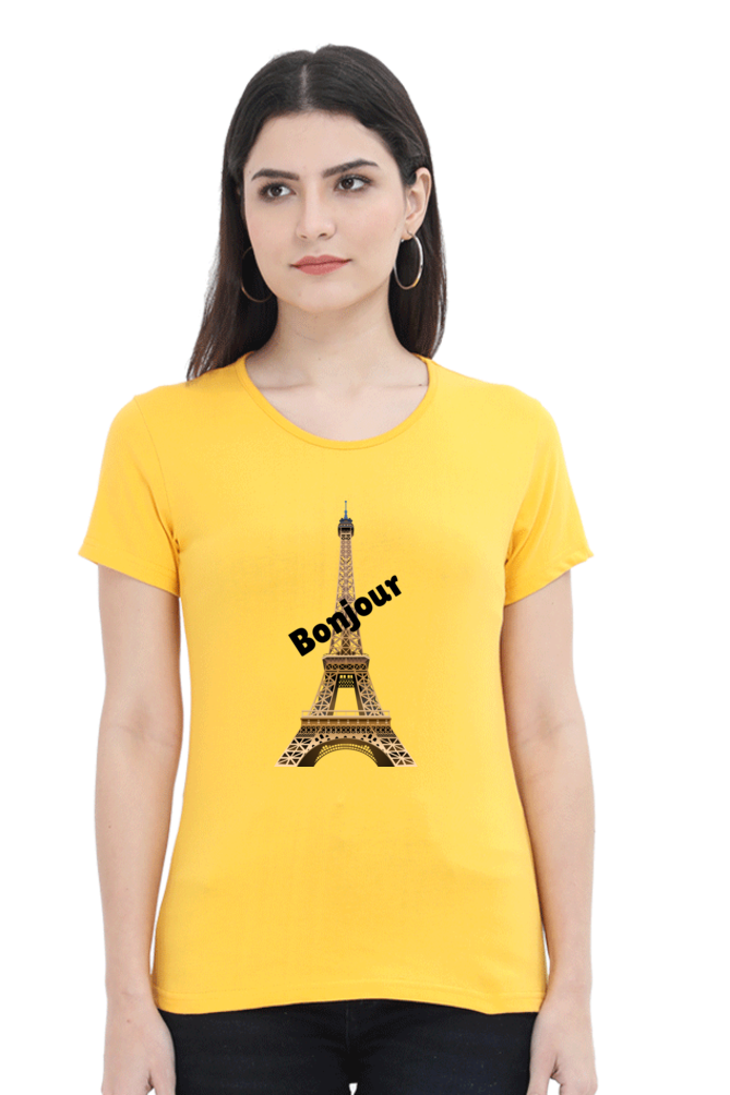 🇫🇷 Women’s Half Sleeves T-Shirt – Bonjour Paris Edition! 🇫🇷