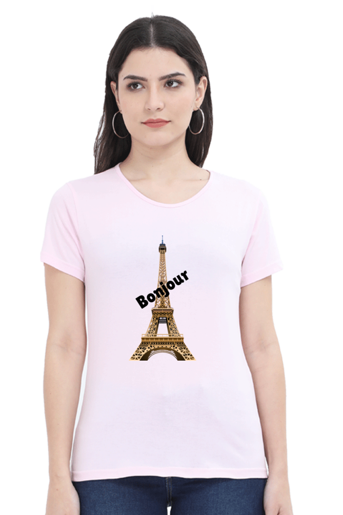 🇫🇷 Women’s Half Sleeves T-Shirt – Bonjour Paris Edition! 🇫🇷